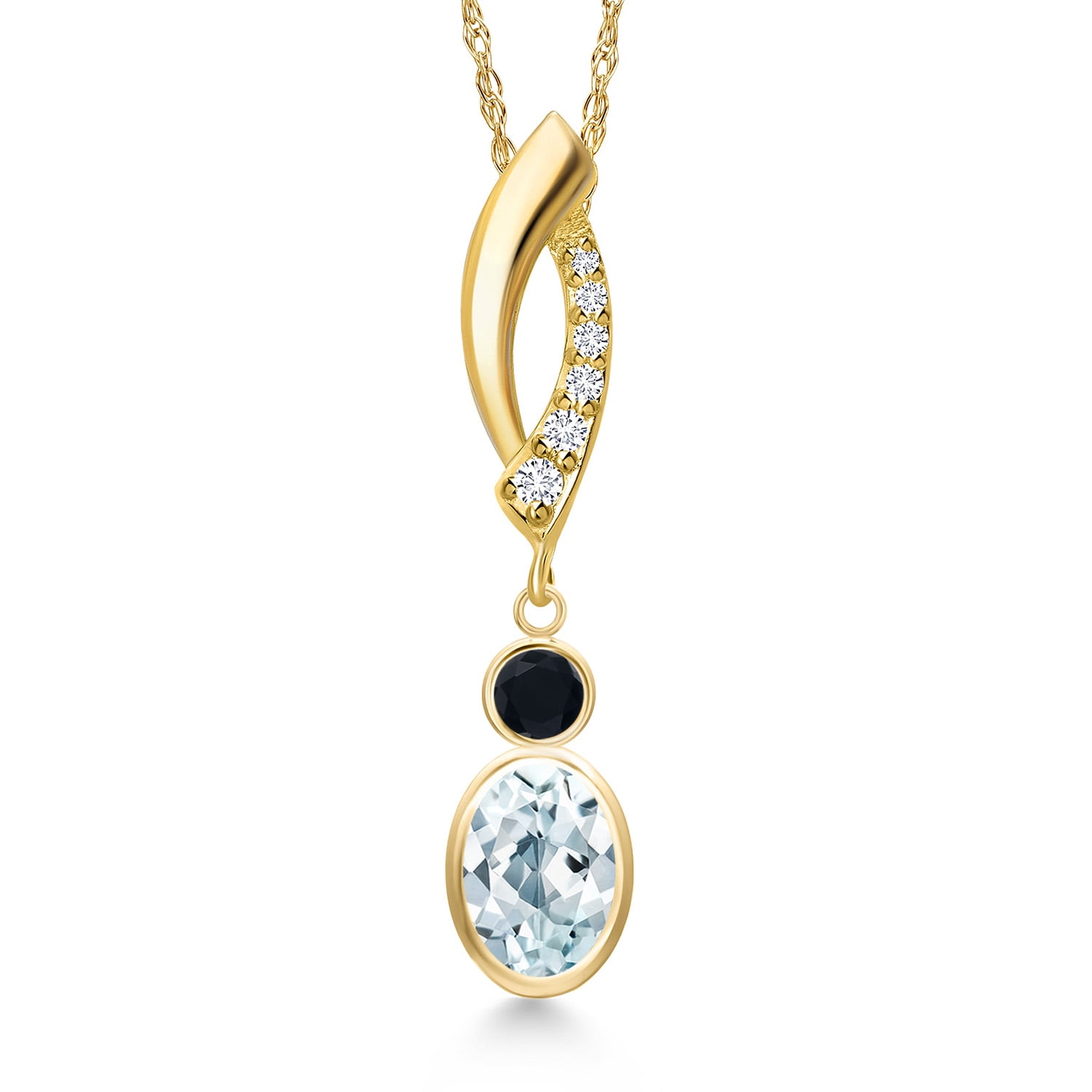 Gem Stone King 14K Yellow Gold Sky Blue Aquamarine and Black Onyx and Lab Grown Diamond Pendant Necklace for Women | 0.91 Cttw | Gemstone March Birthstone | Oval 7X5MM | With 18 inch Chain