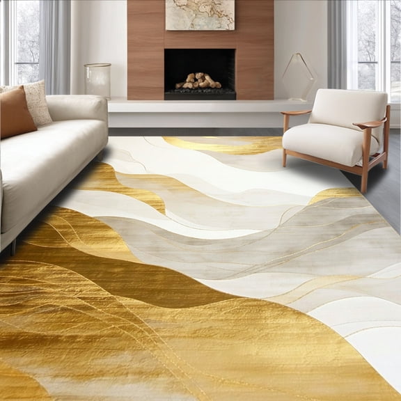 Flatwoven High Traffic Area Rug, Abstract Waves Rug Indoor Contemporary Floor Decor, Non Slip, Stain Resistant, Washable Area Rugs for Living Room, Bedroom(Gold, 4X6)