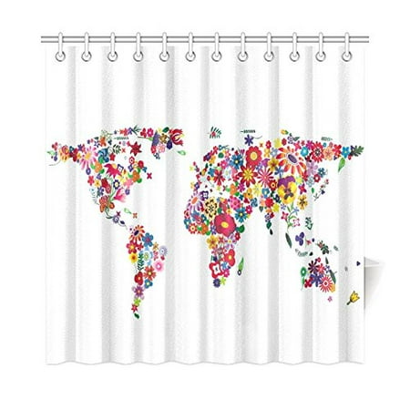 Pop World Map Flowers Bathroom Shower Curtain 66x72 Inch