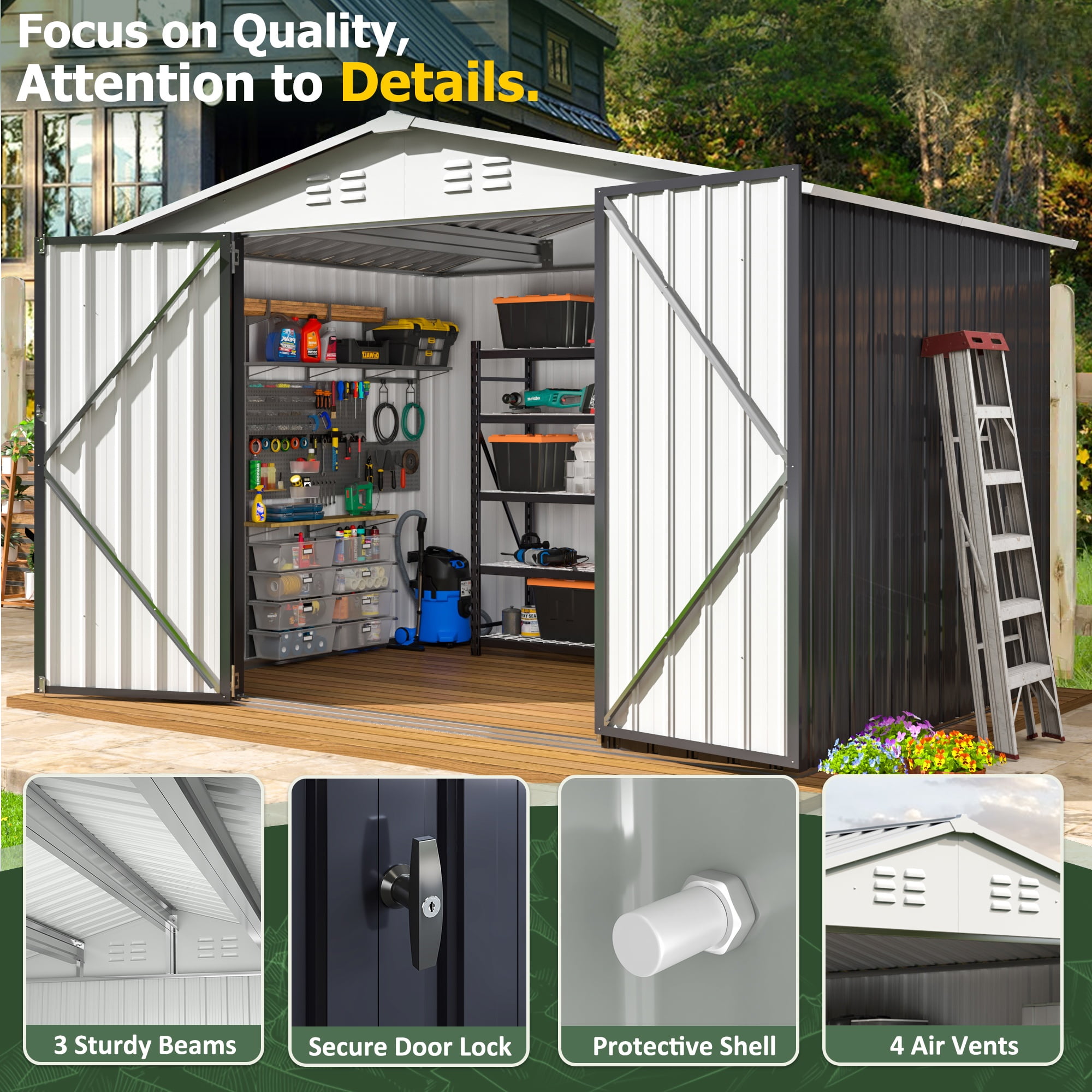NETAJE 6'x8' Outdoor Metal Shed with Lockable Doors and Updated Frame for Backyard, White