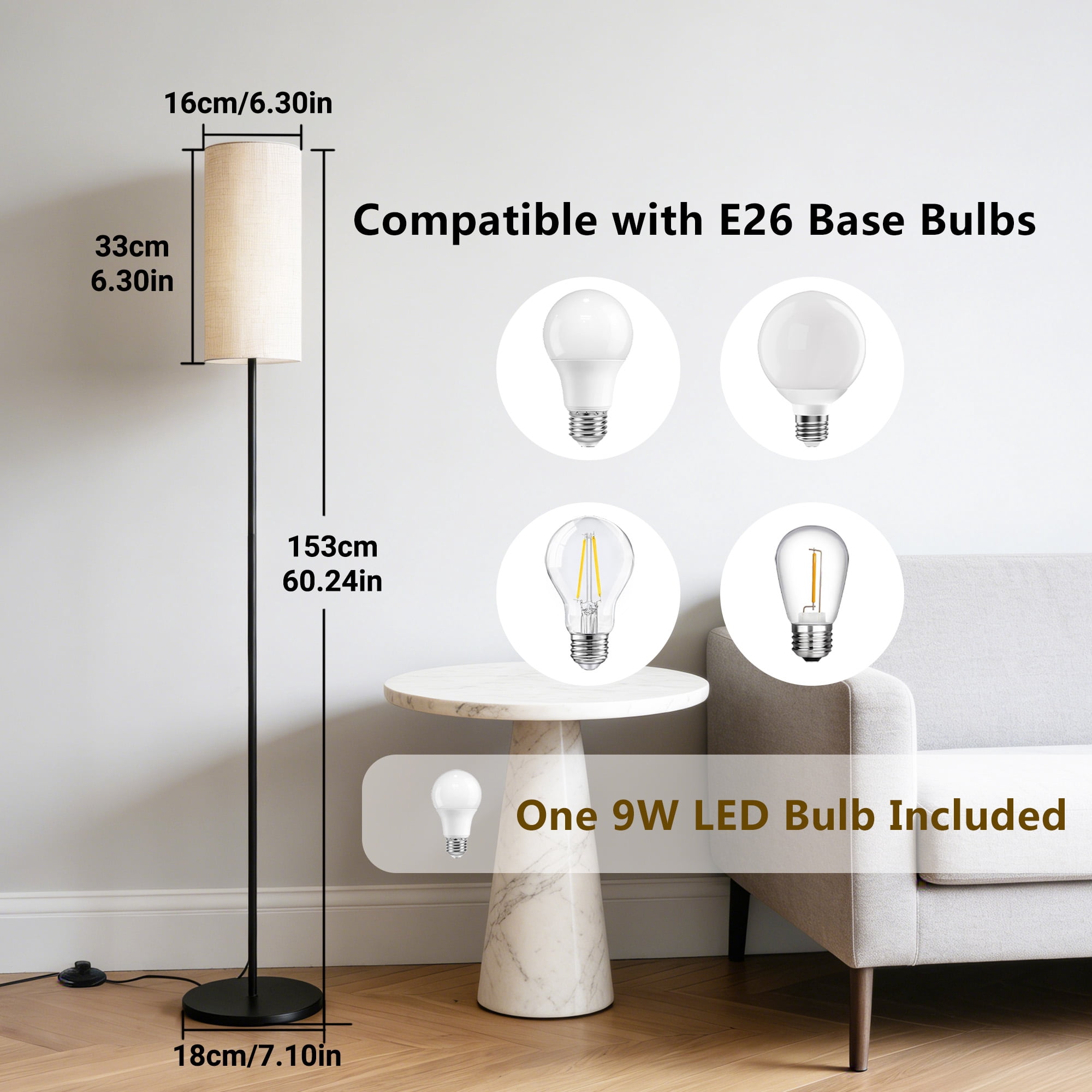 GUPUP Modern Floor Lamp for Living Room, 60" Tall Standing Lamp with Remote Control, 9W LED Bulb Included