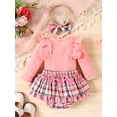 thumbnail image 4 of Cenuakty Baby Girls Shorts Set, Long Sleeve Crew Neck Romper Plaid Shorts Bow Headband Fall Outfit Clothing Set, 4 of 9