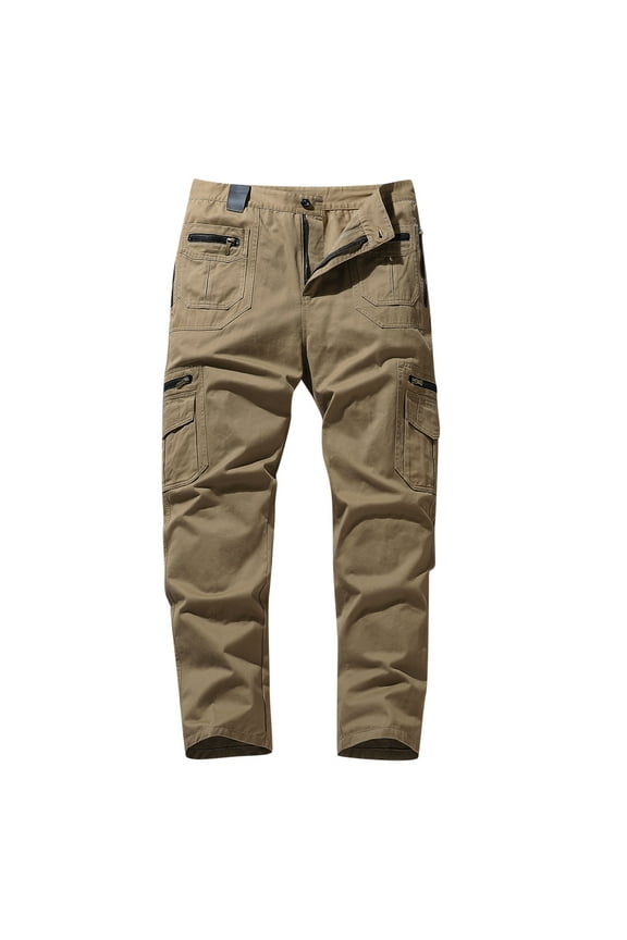 Cargo Pants For Men Solid Color Button-Zip Multi-Pocket Straight Elastic Waist Trousers