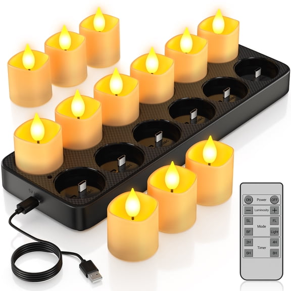 PChero Rechargeable Candles with Remote Timer ,12pcs Flameless Candles LED Votive Candles with Charging Base, Battery Tea Lights Flickering Electric Fake Small Candles for Table Wedding Home Decor