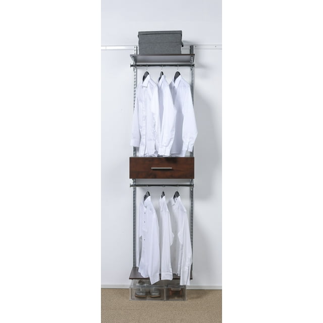 Dual-Hang Closet System Organizer, 24"W x 78"H x 16"D, Hanging Rods, Wood shelves and Drawer, Chocolate Pear RS1032