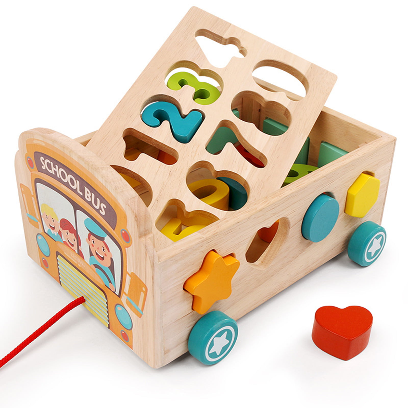 wooden toy wood digital bus car number puzzle assemble math shape match game set 