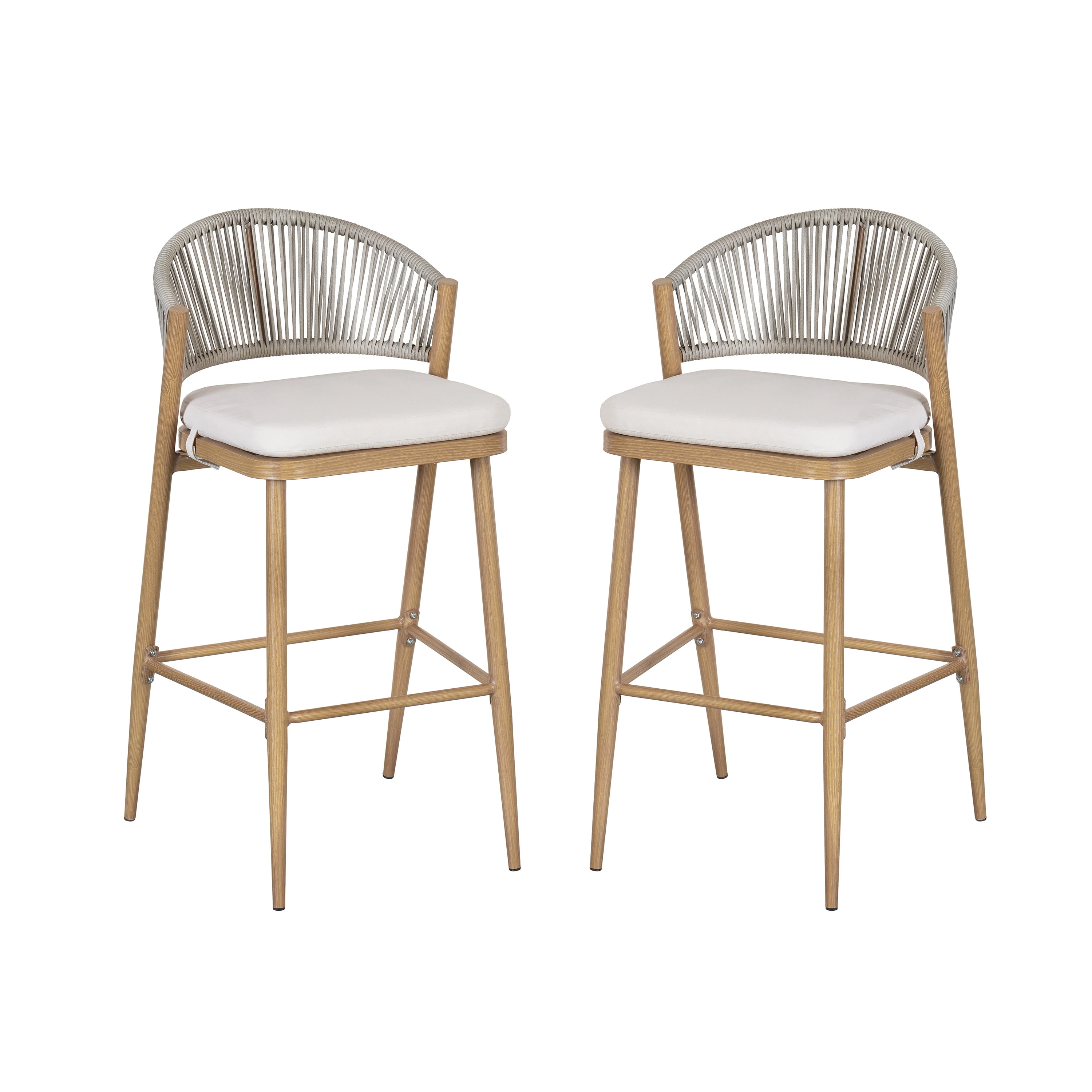 Barstools Set of 2, Outdoor 30.25 Inch Seat Height Aluminum Frame Stools with PE Rattan Scallop-Shaped Backrest, Maple Finish