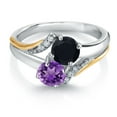 thumbnail image 2 of Gem Stone King 10K Yellow Gold and 925 Silver Purple Amethyst and Black Onyx and White Lab Grown Diamond Accent Engagement Ring for Women (0.98 Cttw, Gemstone February Birthstone, Round 5MM, Size 6), 2 of 4