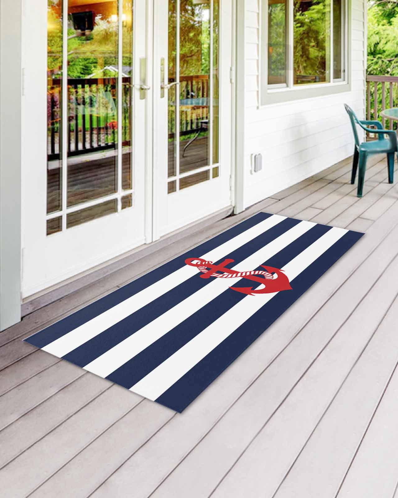 Nautical Anchor Front Door Mat Coastal Navy Blue Stripe Welcome