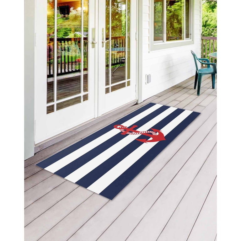Nautical Anchor Front Door Mat Coastal Navy Blue Stripe Welcome