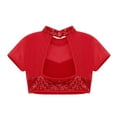 thumbnail image 4 of TiaoBug Kids Girls Sequins Mesh Splice Cutout Back Jazz Hip Hop Modern Dance Crop Tops Mock Neck Tee Blouse Red 10, 4 of 5