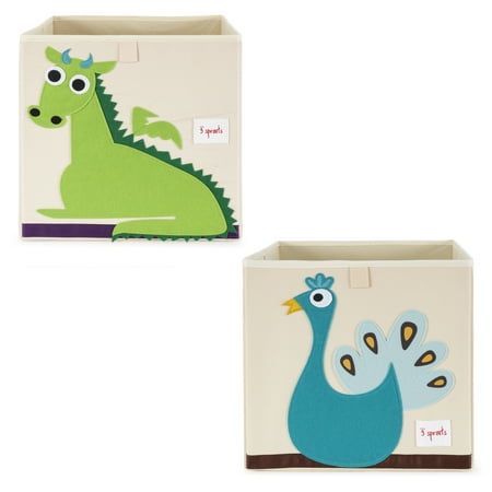 UPC: 0193802204742 | 3 Sprouts Kids Felt Fabric Storage Cube Bin with Dragon & Peacock
