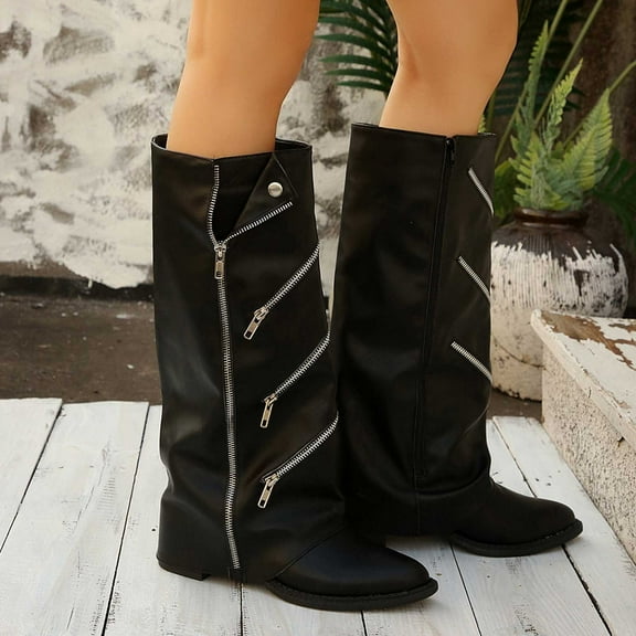 Nmnitkp Fall Boots for Women - Fashionable Casual Versatile British Style, Spicy Girl Knee-High Boots with Pointed Zipper Decoration Boots Black,37