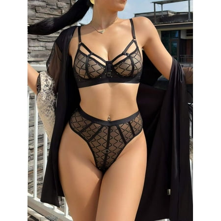 HHH Sexy Lace Lingerie Ultra-Thin Lace-up Contrast Color Big Chest Small Anti-SAG Push up Bra Set