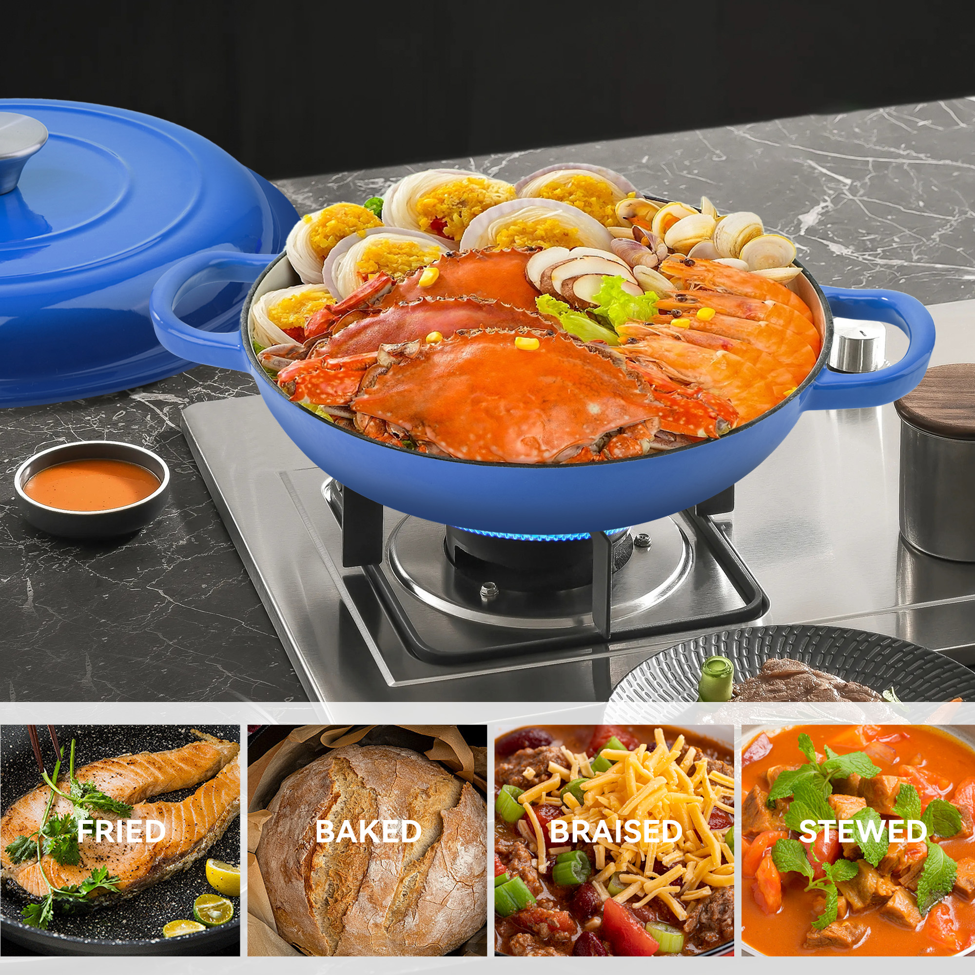 Hawsaiy 3-Quart Enameled Cast Iron Dutch Oven, Dark Blue photo 4