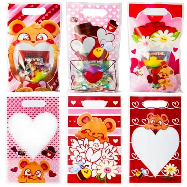 Sycfun 48 Pcs Valentine’s Day Treat Bags,5.5'' x 10'' Candy Favor Bags Cellophane Bags for Kids Classroom Gifts Gift Exchange Goodie Bags