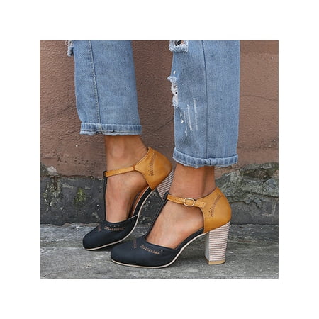 

Tenmix Womens Open Toe Ankle T-Strap Heel Mary Jane Shoes Mid Heel Sandals