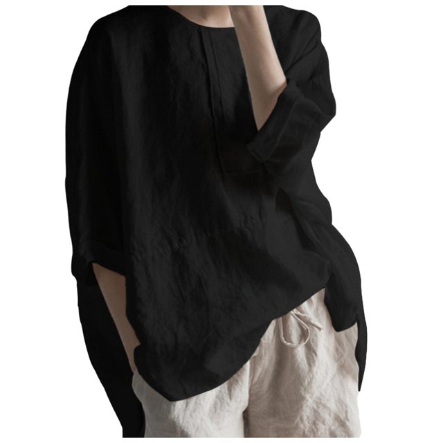 Gibobby Blusa Casual Para Mujer Cuello de algodón femenino de espalda Minimalista Fork Pullover T - Camisa Round Casual Women's Blouse(Negro, S)