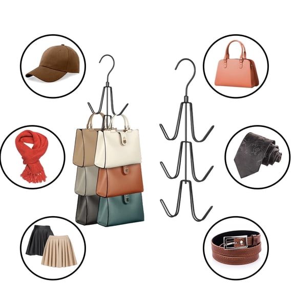 ofefe Upgraded Purse Hanger for Closet, 360° Rotating Handbag Holder with 10 Large Hooks, Foldable Space-Saving Metal Rack for Purses Belt Tie Scarf Display