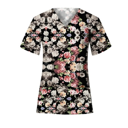 

LWZWM Women s V Neck Medical Scrub Tops Short Sleeve T Shirt Floral Tops Pocket Tee Nurse Gifts for Women White XXXL
