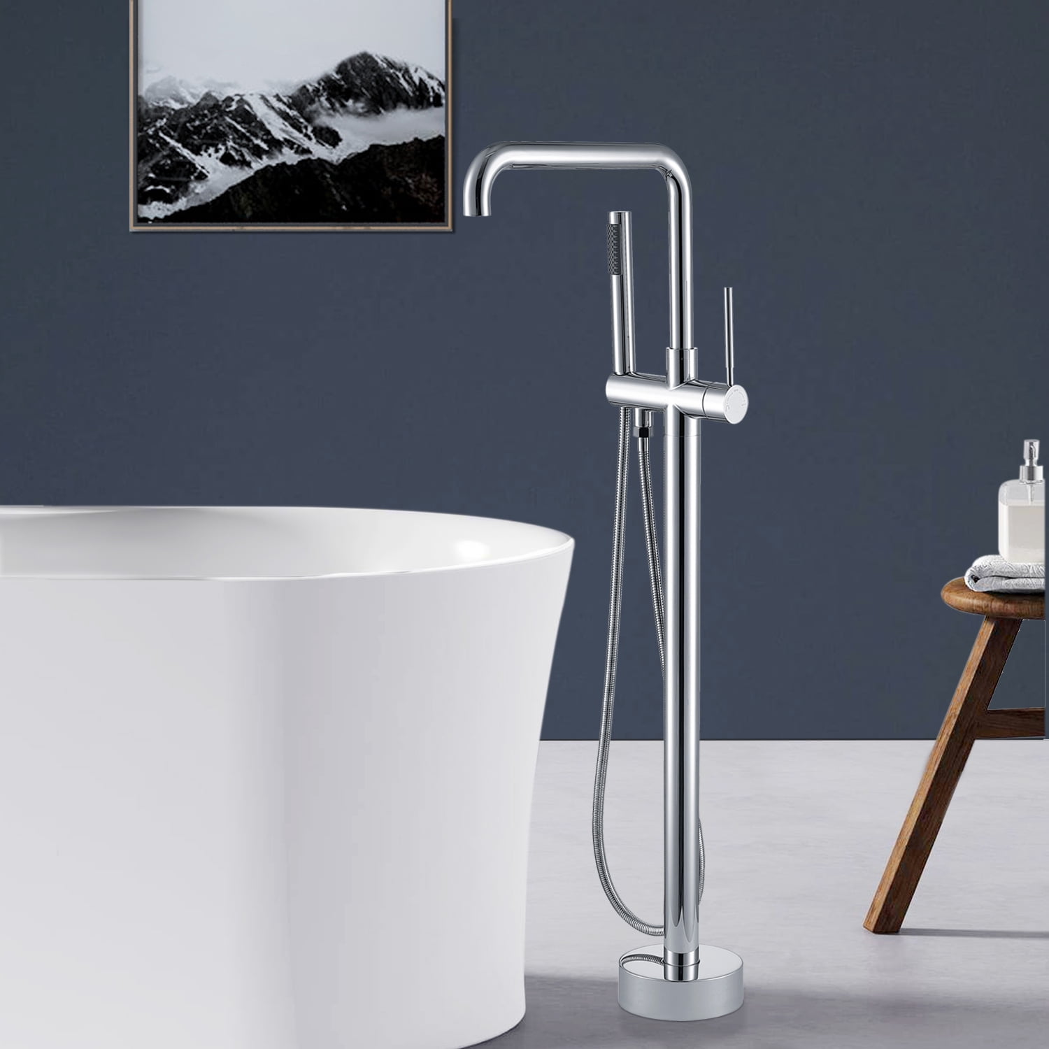 Freestanding Bathtub Faucet, Floor Mount Bathtub Faucet with 2 Water Outlet Modes, Sivwel Gooseneck Spout with Hand Shower,Stainless steel Single Handle Tub Filler Freestanding Bathtub Faucet,