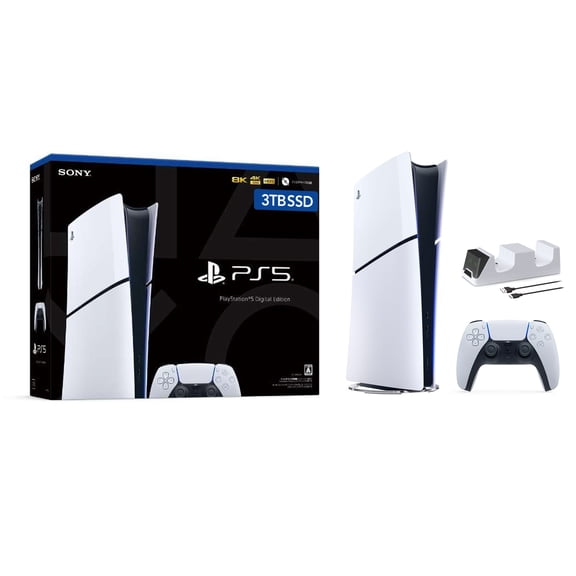 Restored PlayStation 5 Slim Upgraded 3TB Digital Edition Console, Controller and Mytrix Controller Charger - White, Slim PS5 3TB PCIe SSD Gaming Console (Refurbished)
