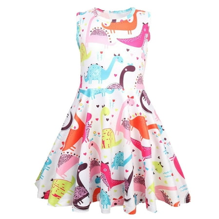 

ZMHEGW Party Dresses For Toddler Girls Child Sleeveless Cartoon Animal Dinosaur Prints Beach Sundress Party Princess Beach Dress