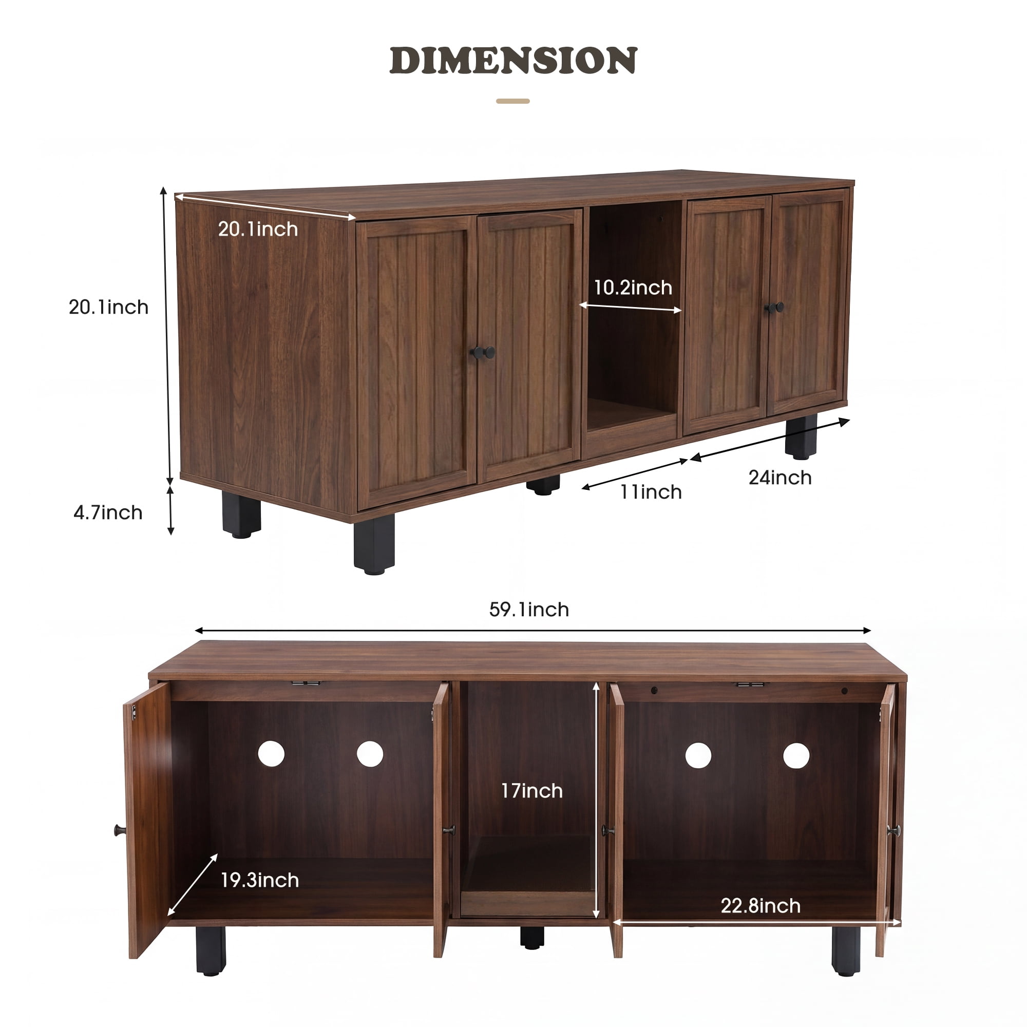 59" Double Cat Litter Box Enclosure Furniture, Hidden Litter Boxes Furniture with Cat Scratch Pad & Wide Access Doors, Versatile as TV Stand or Sideboard in Walnut
