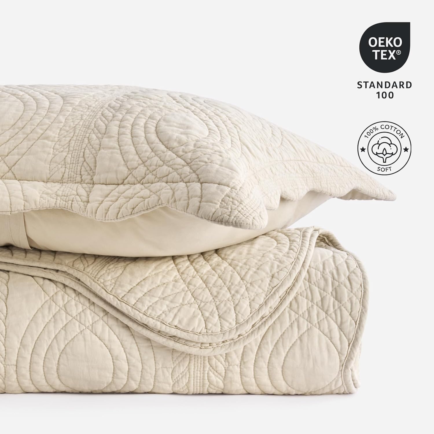 EVERGRACE 100% Cotton Scallop Quilt Set, King Size 3 Piece Set  Lightweight Bedspread with 2 Shams, Soft Prewashed Matelasse Coverlet for Cozy and Elegant Bedding, Flax Beige