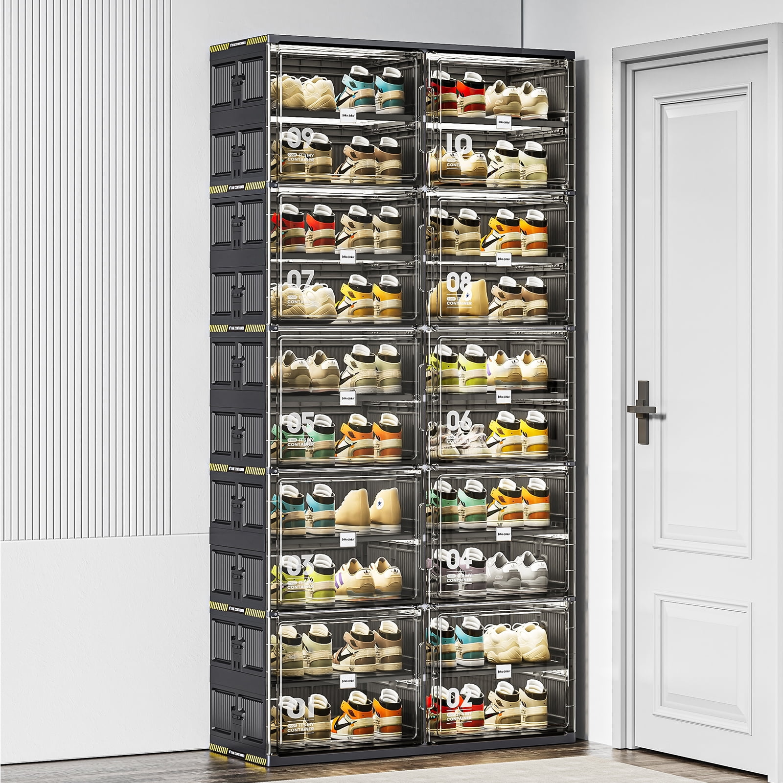 JEKO&JEKO 10-Tier Double Column Foldable Shoe Storage Rack with Magnetic Doors, Black
