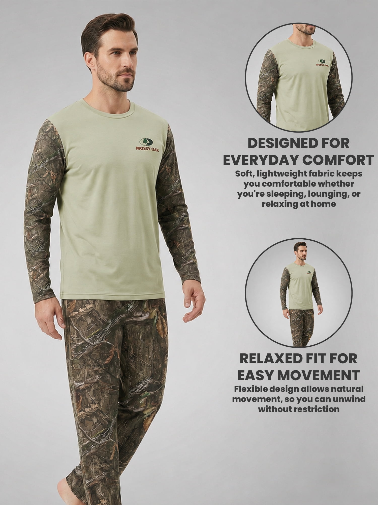 Mossy Oak Men's Pajamas 2-Piece Super Soft Long Sleeve Top and Pant Set, Camo Grey, XL