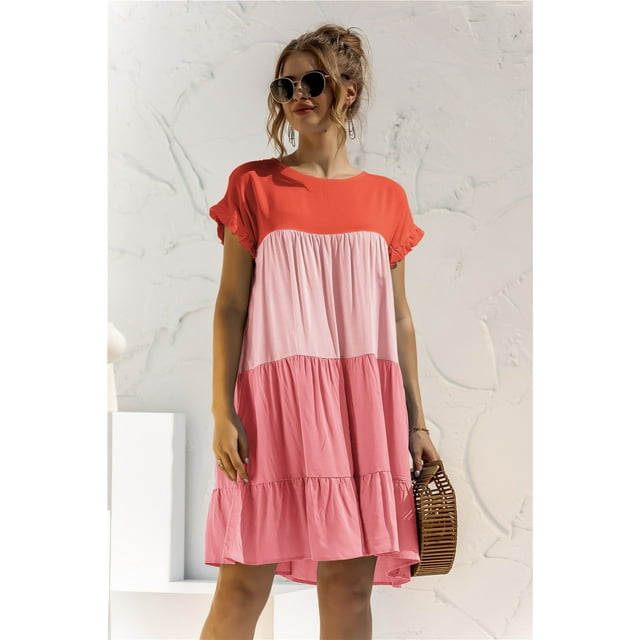 Nouveau Femmes Décontracté en Vrac Surdimensionné Robe Patchwork Manches Courtes Grands Volants Robe Robe de Plage