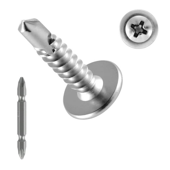 KFFKFF #8 Self-Drilling Wood Screws, 3/4 Inch Length, 350 PCS Truss Head Screws, Phillips Drive Metal Self-Tapping Screws, Stainless Steel with Full Thread, Includes Screwdriver Bit, Silver