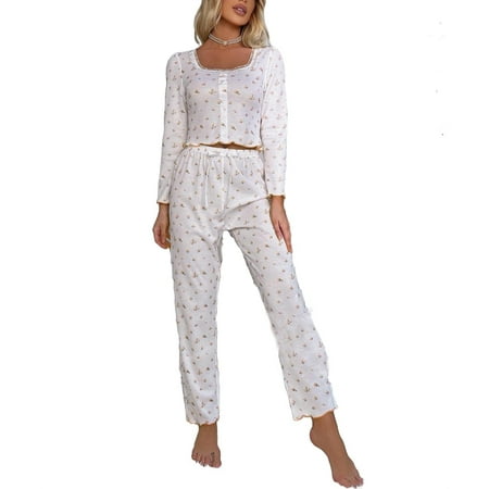 

2pcs Set Cute Ditsy Floral Square Neck PJ Pant Sets Long Sleeve Yellow Women s Pajama Sets (Women s)