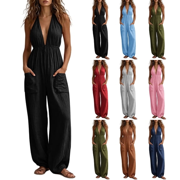 Tqcoqu Women's Halter Deep V Neck Rompers,Elastic Waist Wide Leg Linen Blend Jumpsuit with Pockets,Brown Women's S-XXXL