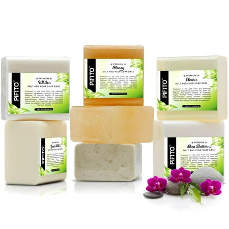 Pifito Melt and Pour Soap Base Sampler (7 lbs) │ Assortment of 7 Bases (1lb ea) │ Clear, White, Goats Milk, Shea Butter, Oatmeal, Honey, Olive Oil │ Glycerin Soap Making Supplies