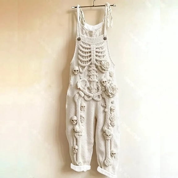 Women Halloween Skeleton Print Jumpsuit Scary Cute Piece Outfit With Adjustable Waist Stretchy Romper