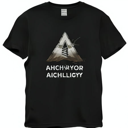 

Unique Black T-Shirt: Graduating Text Sinister Triangle Logo Mountain Range Monochrome Style Achillicy