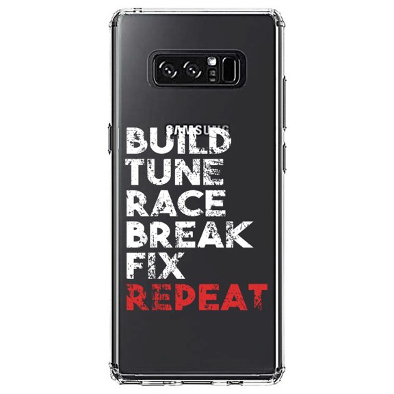 DistinctInk Clear Shockproof Hybrid Case for Samsung Galaxy Note 8 - TPU Bumper Acrylic Back Tempered Glass Screen Protector - Build Tune Race Break Fix Repeat