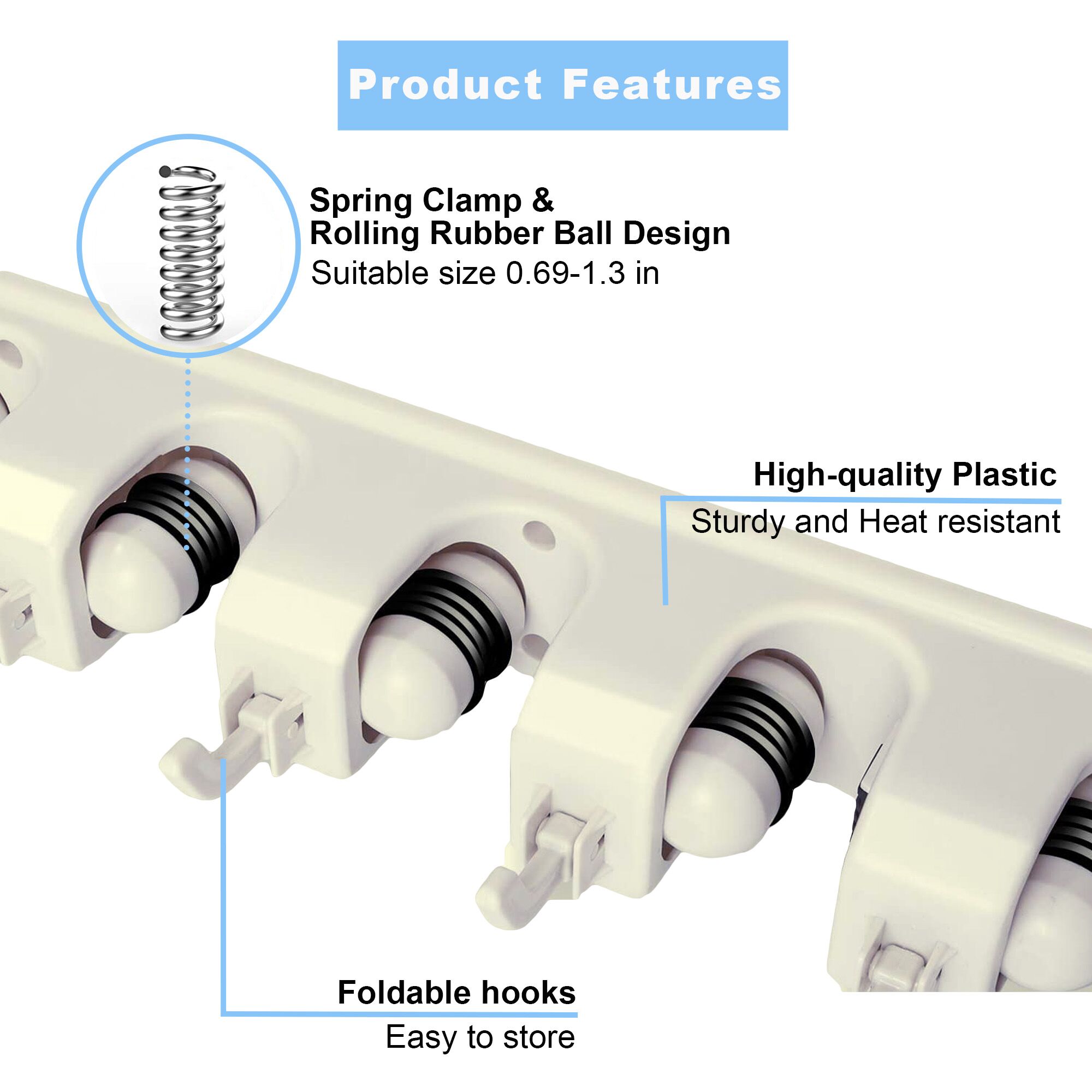 BreezyLife Mop and Broom Holder Wall Mount, Organizer Storage Hooks with 5 Ball Slots and 6 Hooks