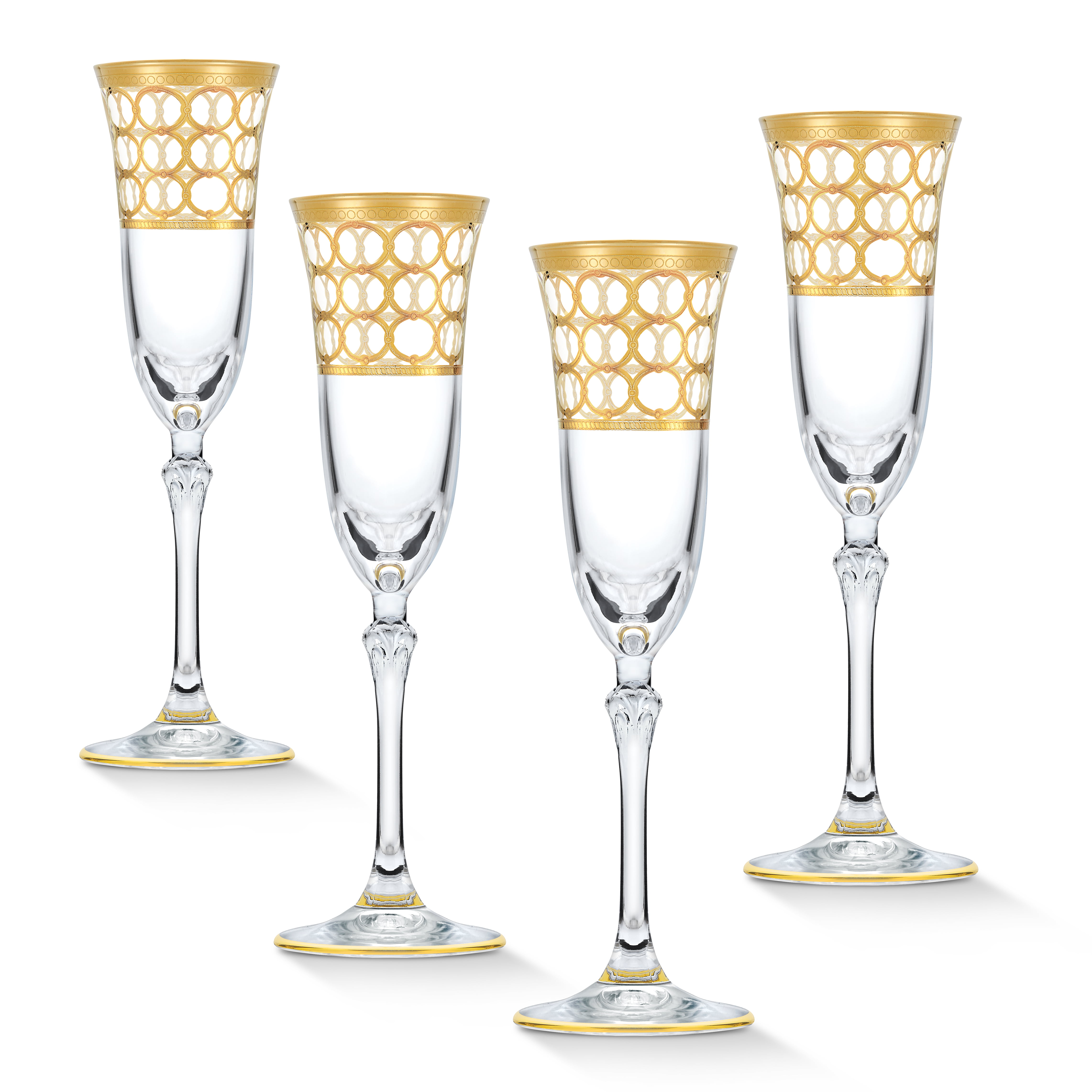 Crystal Glass Set of 6 Champagne Flute Wine 7oz Gold Plated Floral Rimmed Design 