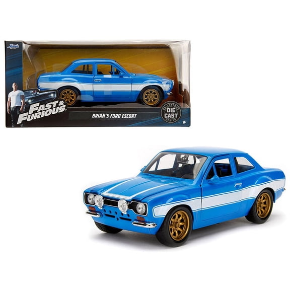 Diecast 1970 Brian's Ford Escort Blue with White Stripes "Fast & Furious" Movie 1/24 Diecast Model Car From Jada