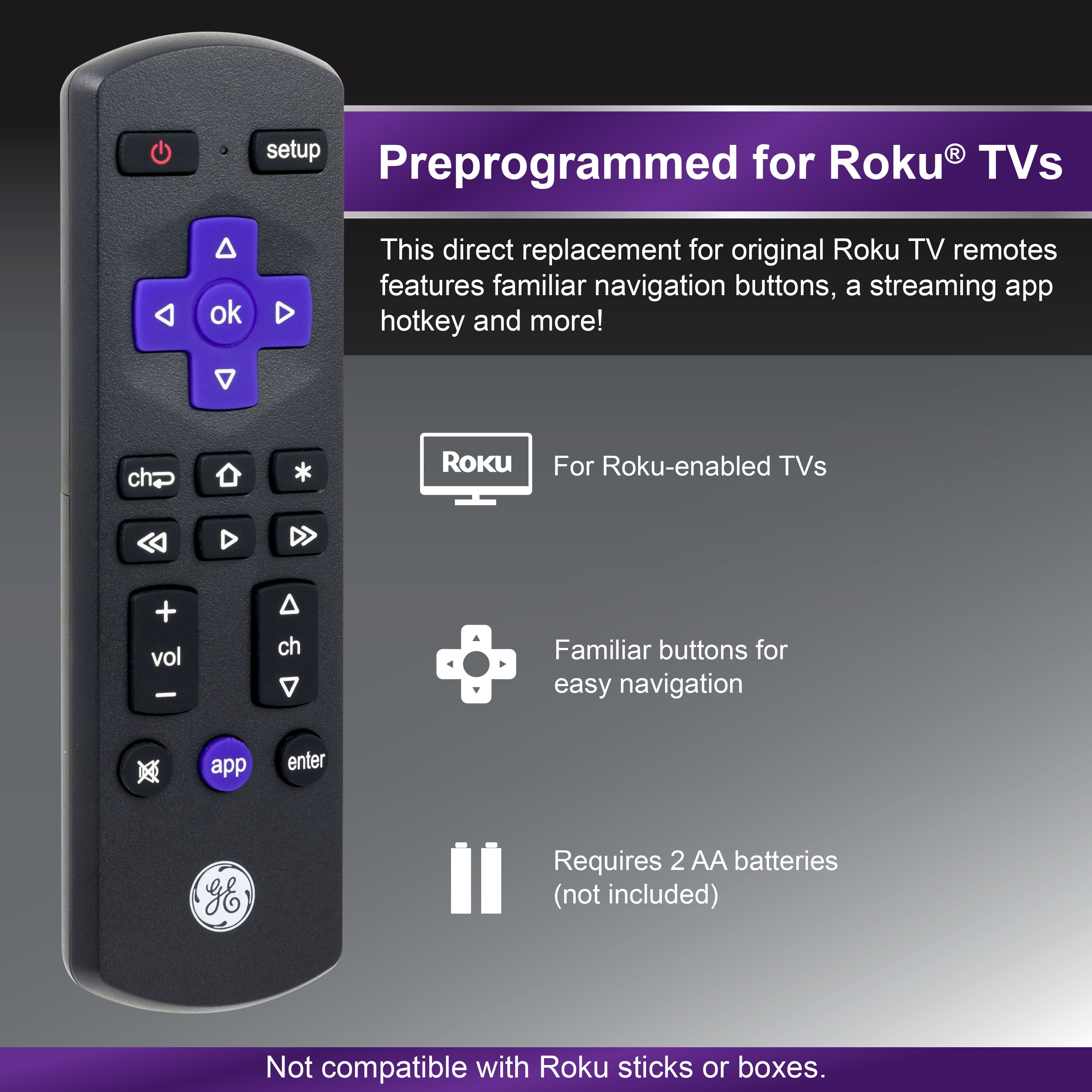under Penge gummi Konkurrere GE Roku TV Direct Replacement TV Remote Control in Black, 66814 -  Walmart.com