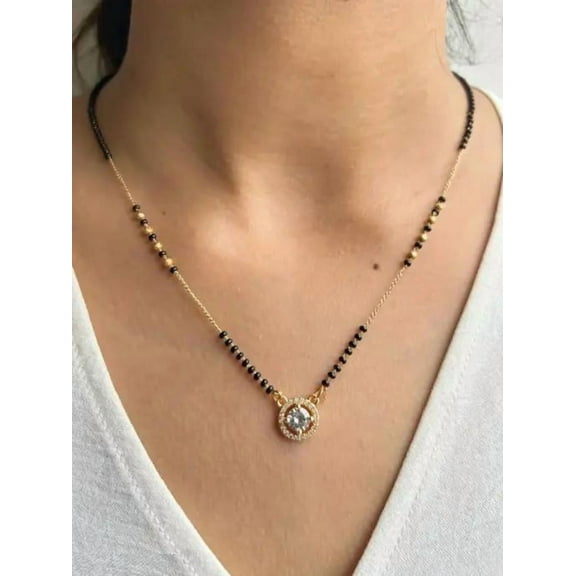 Women's Delicate Gold-Plated Black Bead Mangalsutra with CZ Pendant