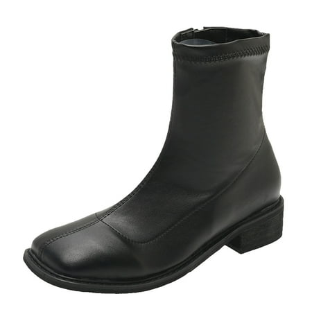 

Black Boots for Women Fashion Women Artificial Leather Solid Color Autumn Thick Sole Square Heels Zipper Mid Booties Square Toe Shoes Mid-Calf Boots for Women PU Black