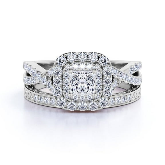 1.25ct Square Moissanite Double Halo Vintage-Inspired Pave Wedding Ring Set in 18K White Gold Over Silver