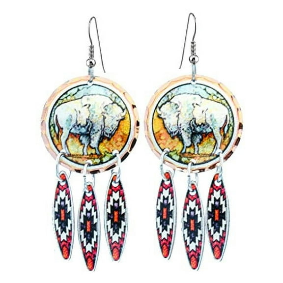 FRONT LINE JEWELRY Southwest Native White Buffalo Earrings for Women, Copper Triple Dangle Bison Jewelry, Handmade Western Buffalo Art Gift (ArtTassels)