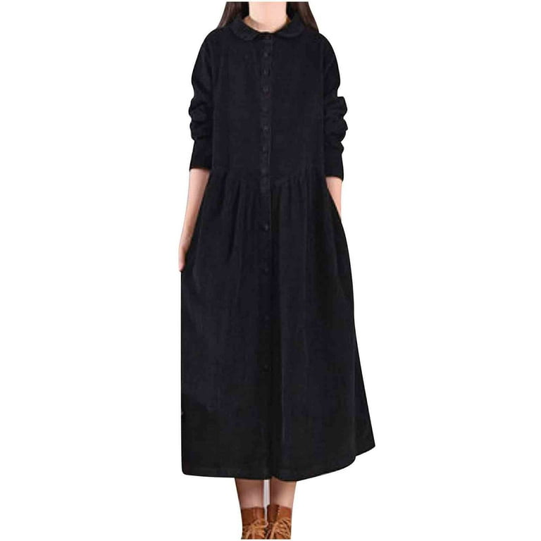 Qulqfy Casual Dresses for Women Long Sleeve Midi Corduroy Brown Collared  Retro Flowy Dresses Womens Fall Dresses 2025 L