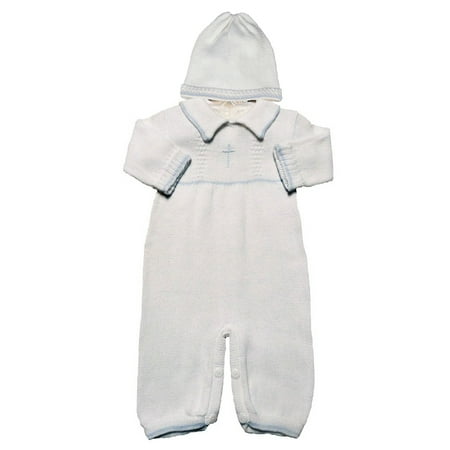 

Christening Day Boys White Cotton Knit Longall w/ White Blue or Gold Cross and Hat