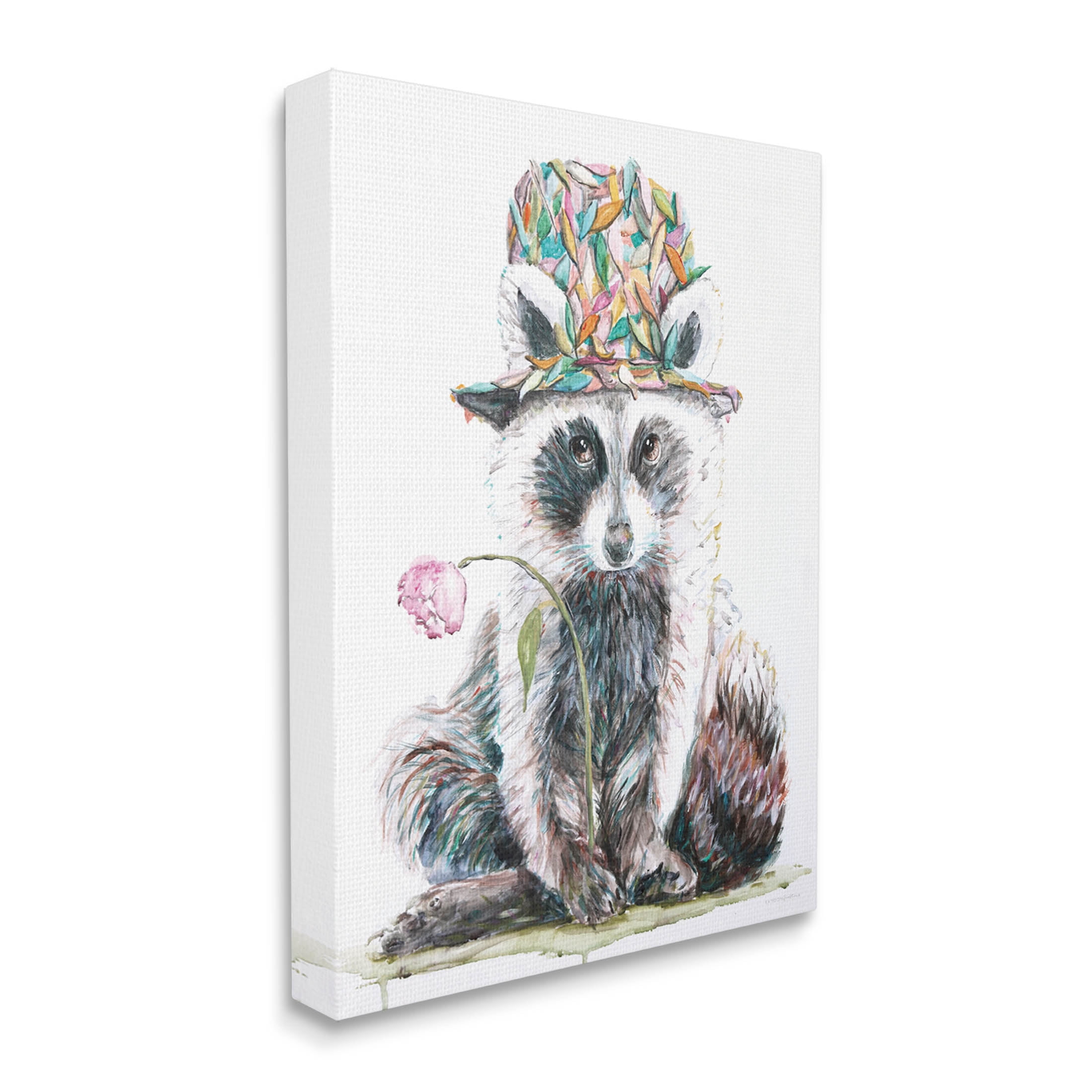 Raccoon Pink Blossom Hat Animals & Insects Graphic Art Gallery Wrapped Canvas Print Wall Art